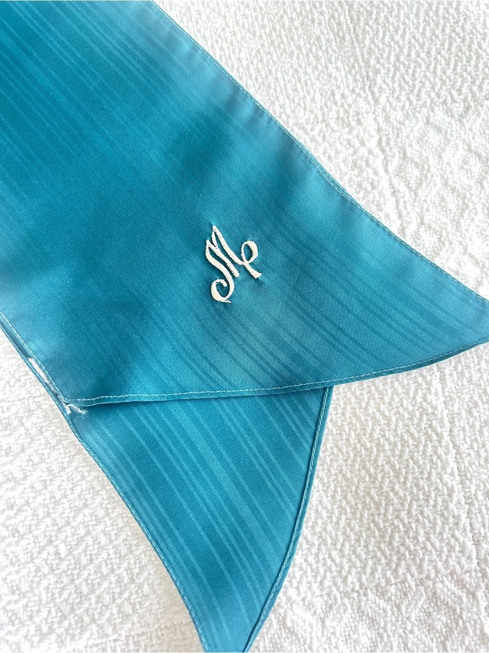 Vintage Teal Blue Green Scarf Monogram M 1970s Career Wear